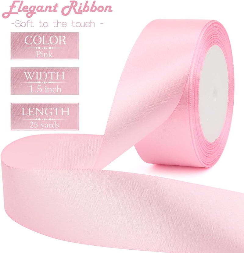Riunbb Pink Solid Satin Ribbon 1-1/2 Inch 25 Yards Solid Polyester Fabric Ribbon for Gift Wrapping Wedding Christmas Baby Shower Birthday Party Decoration Handmade Immortal Flower Craft - Image 2